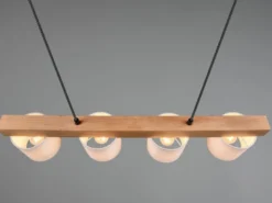 Pendelleuchte CAMERON Holzbalken 4-flammig Stoff Lampenschirme Weiß, B: 75cm