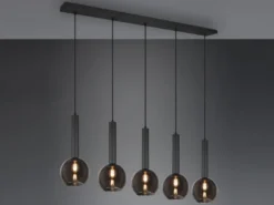 Pendelleuchte CLAYTON 5-flammig lang mit Rauchglas Glaskugeln, Breite 115cm
