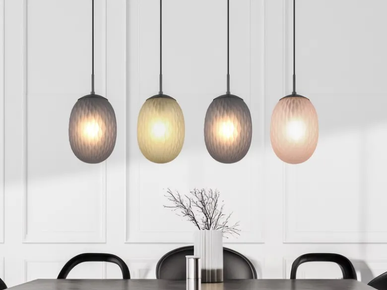 Pendelleuchte FACETTE 4-flammig mit farbigen ovalen Glasschirmen, B: 117cm