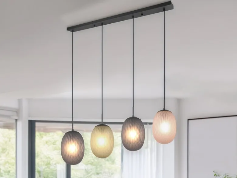 Pendelleuchte FACETTE 4-flammig mit farbigen ovalen Glasschirmen, B: 117cm