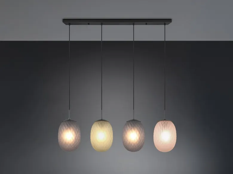 Pendelleuchte FACETTE 4-flammig mit farbigen ovalen Glasschirmen, B: 117cm