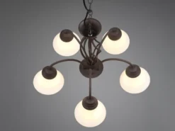 Pendelleuchte 5-flammig in Rostoptik, Glasschirme Weiß mit E14 LED, Ø 60cm