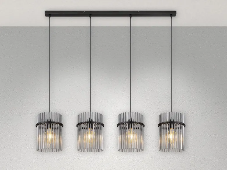 Pendelleuchte GORLEY 4-flammig mit Rauchglas Stäben, Breite 110cm