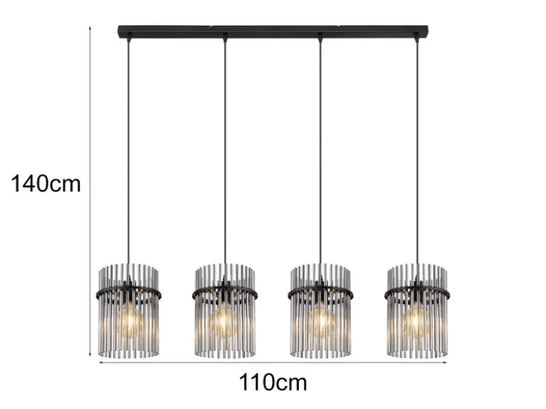 Pendelleuchte GORLEY 4-flammig mit Rauchglas Stäben, Breite 110cm