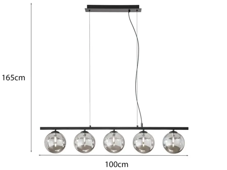 Pendelleuchte HONEY 5-flammig Schwarz-Glaskugeln Rauchglas, Breite 100cm
