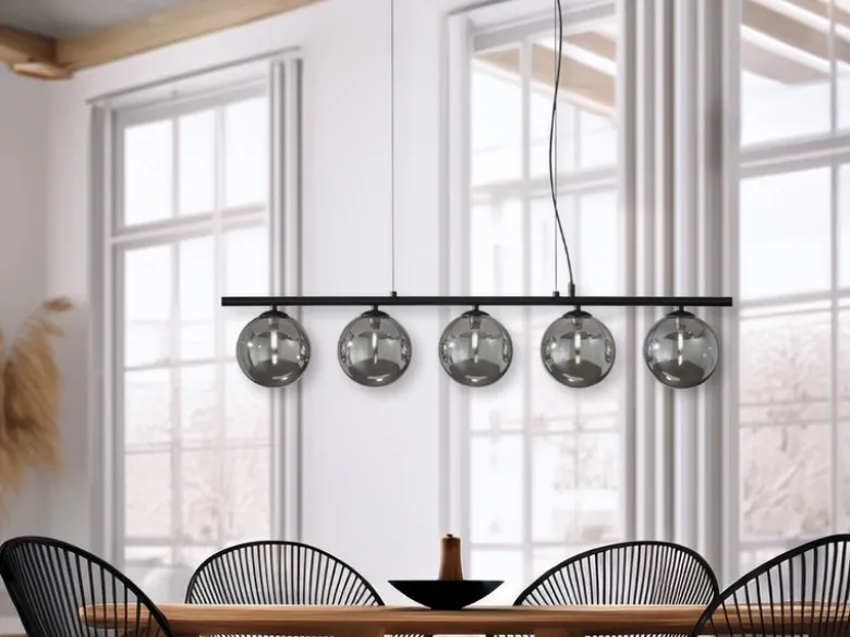 Pendelleuchte HONEY 5-flammig Schwarz-Glaskugeln Rauchglas, Breite 100cm