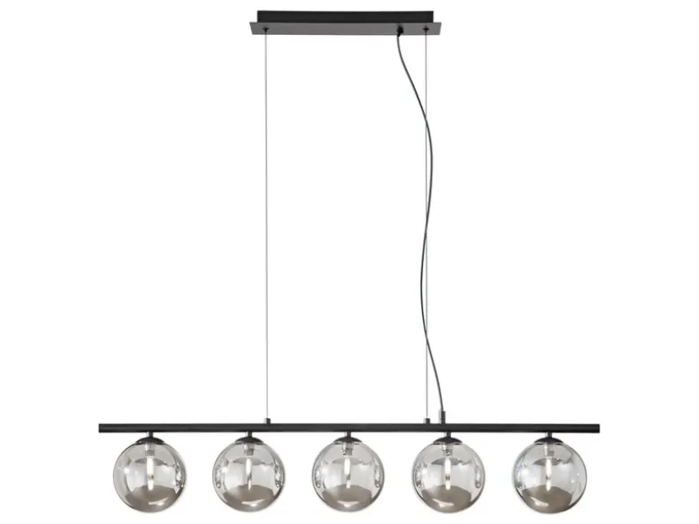 Pendelleuchte HONEY 5-flammig Schwarz-Glaskugeln Rauchglas, Breite 100cm