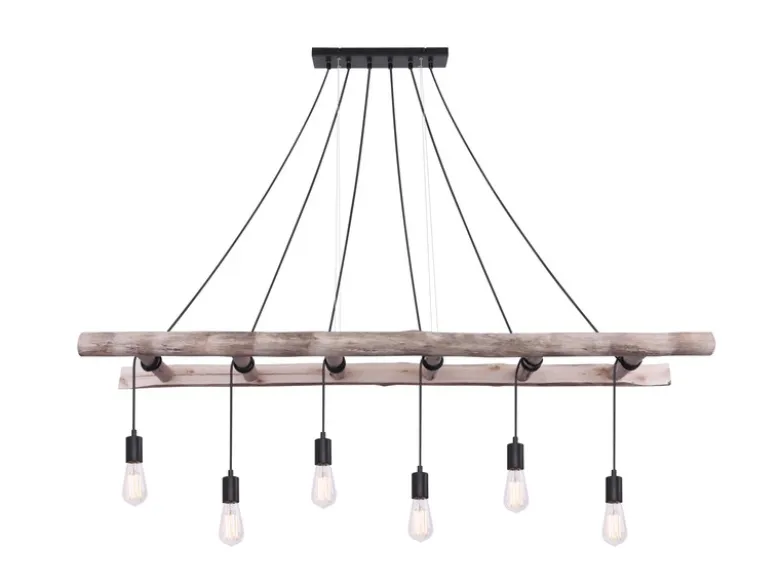 Pendelleuchte IRMGARD 6-flammig mit Leiter Holzbalken 192cm lang, Breite 160cm