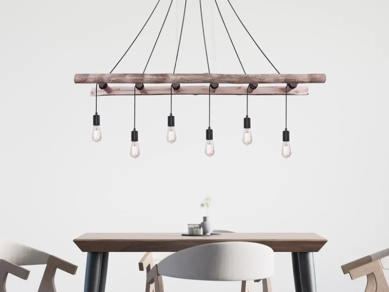 Pendelleuchte IRMGARD 6-flammig mit Leiter Holzbalken 192cm lang, Breite 160cm