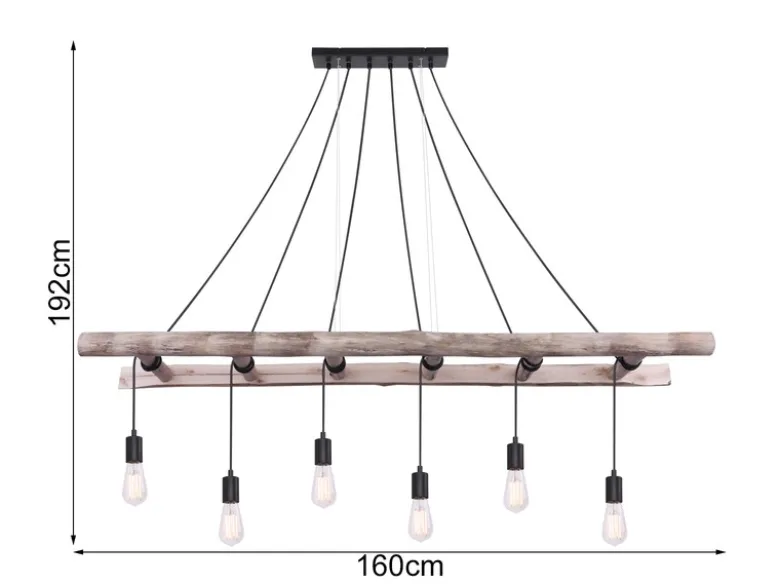 Pendelleuchte IRMGARD 6-flammig mit Leiter Holzbalken 192cm lang, Breite 160cm