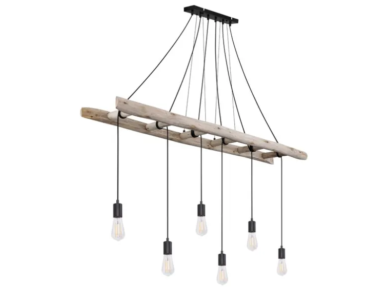 Pendelleuchte IRMGARD 6-flammig mit Leiter Holzbalken 192cm lang, Breite 160cm