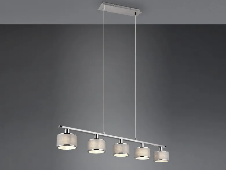 Pendelleuchte KAPRUN Chrom 5-flammig Stoff Lampenschirme Grau, Breite 92cm