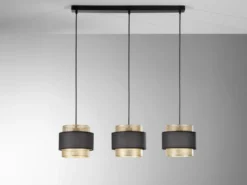 Pendelleuchte LOUNGE 3-flammig, Metall Gold mit Stoffblende Schwarz, Breite 85cm
