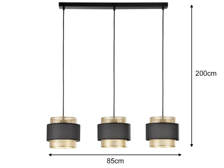Pendelleuchte LOUNGE 3-flammig, Metall Gold mit Stoffblende Schwarz, Breite 85cm
