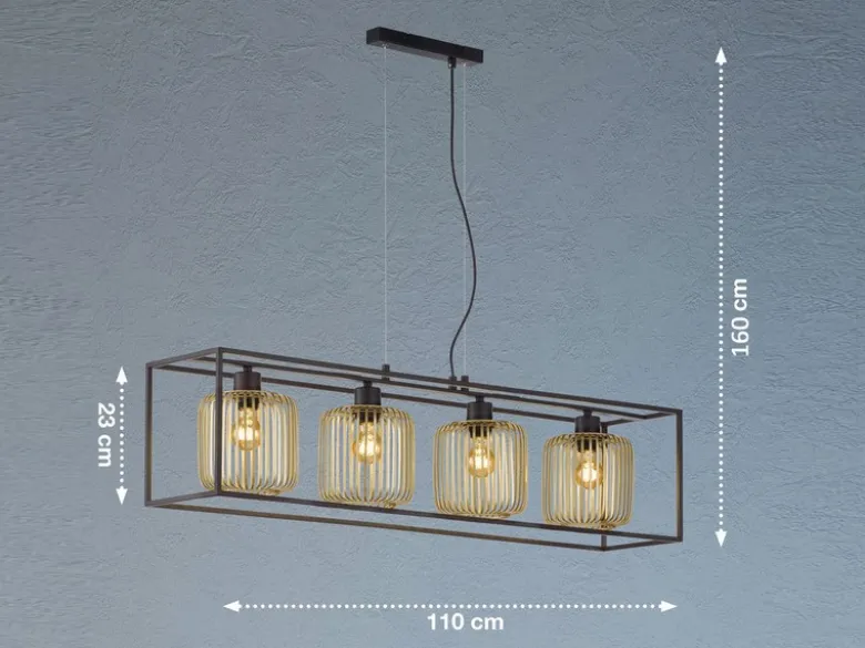 Pendelleuchte mehrflammig 4 Lamellen Lampenschirme Gold lang, Breite 110cm