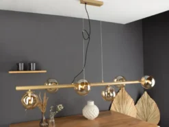 Pendelleuchte NEPTUN 6 flammig Messing & Amberglas, Breite 144cm