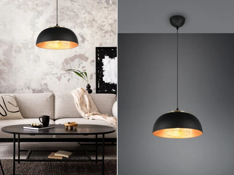 Pendelleuchte PUNCH 1-flammig Metall Schwarz Gold mit Drahtgeflecht, Ø 35cm