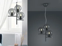 Pendelleuchte PURE 3-flammig in Schwarz mit Glaskugeln aus Rauchglas, Ø 40cm