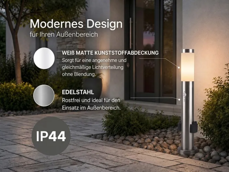 Pollerleuchte RADA aus Edelstahl mit 2 Steckdosen & Bewegungsmelder, Höhe 60cm