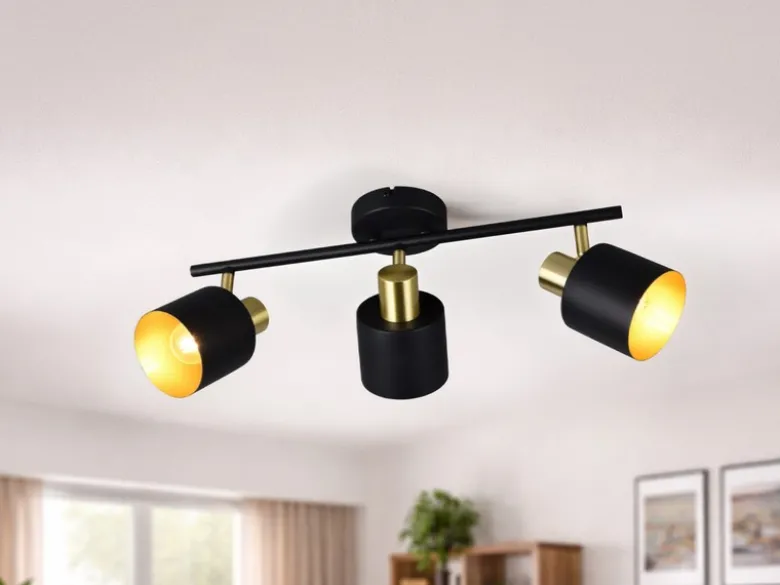 Retro Deckenstrahler EVA 3-flammig aus Metall Schwarz Gold, Breite 53,5cm