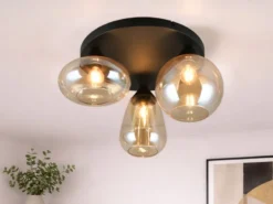 Retro LED Deckenleuchte mit 3 Glasschirmen Amberfarbig Ø 48,5cm