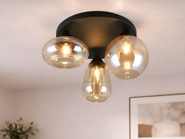 Retro LED Deckenleuchte mit 3 Glasschirmen Amberfarbig Ø 48,5cm
