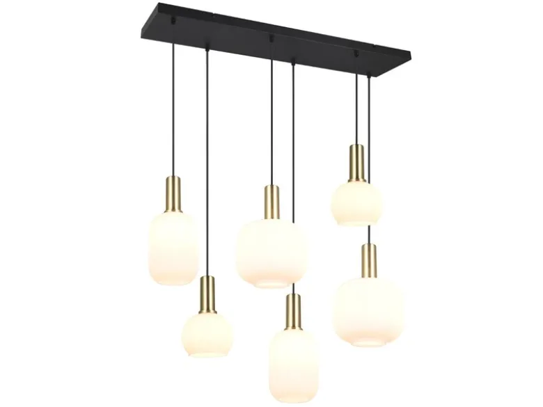 Retro LED Pendelleuchte 6-flammig mit Glasschirmen in Weiß, Breite 92cm