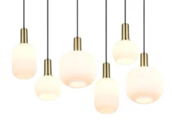 Retro LED Pendelleuchte 6-flammig mit Glasschirmen in Weiß, Breite 92cm