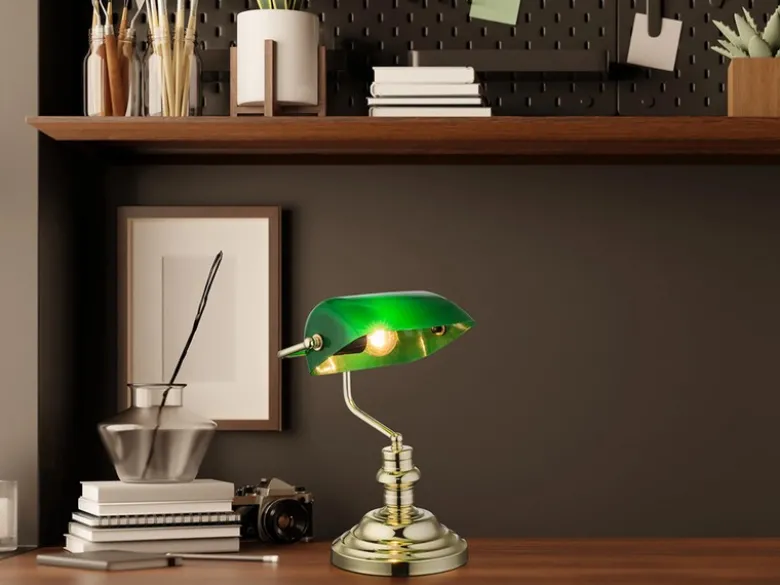 Retro LED Schreibtischleuchte Messing mit Acrylschirm Grün, Höhe 36cm