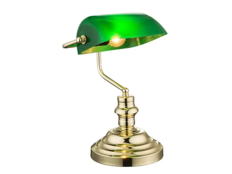 Retro LED Schreibtischleuchte Messing mit Acrylschirm Grün, Höhe 36cm