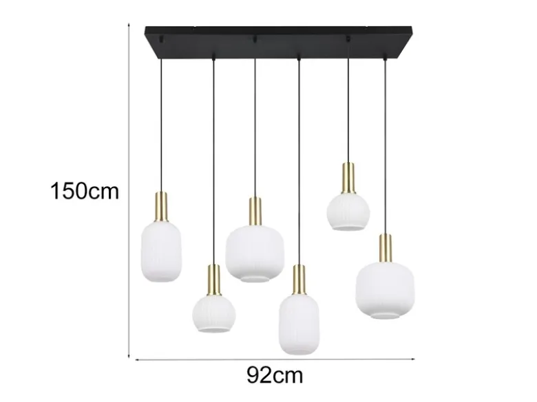 Retro Pendelleuchte DIVA 6-flammig mit Glasschirmen in Weiß, Breite 92cm