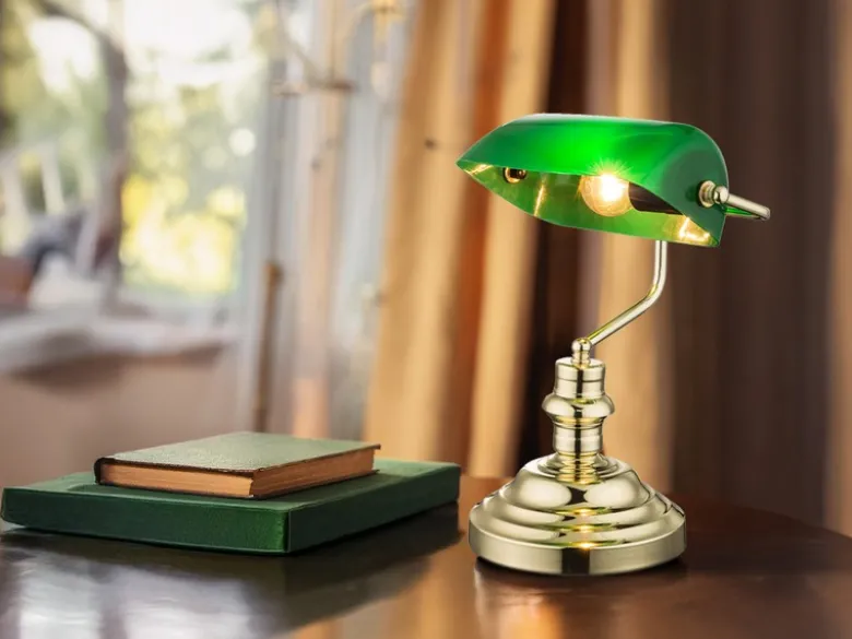 Retro Schreibtischlampe ANTIQUE Messing mit Acrylschirm Grün, Höhe 36cm