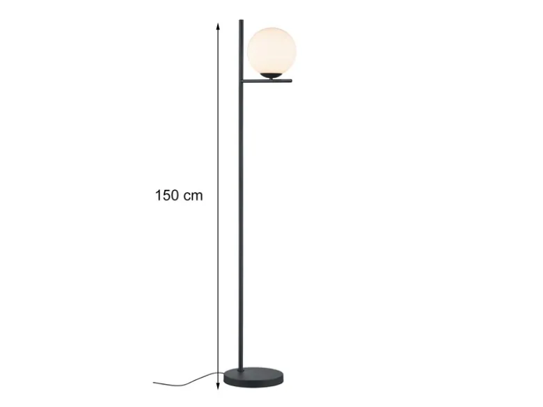 Retro Stehlampe PURE Schwarz mit Glaskugel Lampenschirm Weiß, Höhe 150cm