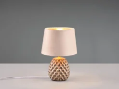 Retro Tischleuchte ARIANA mit Samtschirm in Beige/Gold, Höhe 27cm