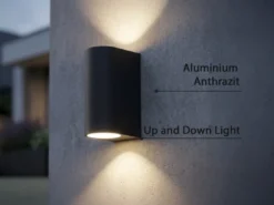 Runde Außenwandleuchte ROYA Up and Down aus Aluminium Anthrazit, Höhe 15cm