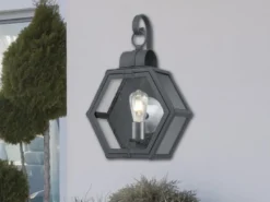 Rustikale Außenwand Laterne HEATH hängend sechseckig, Schwarz Höhe 48cm