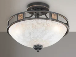 Rustikale LED Deckenleuchte Rostoptik mit Glasschirm Alabasterfarben Ø 42cm