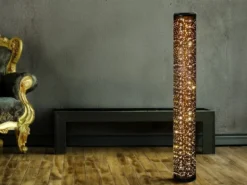 SET ausgefallene Stehlampe & Tischlampe Stoff Schwarz Gold mit Starlight Effekt