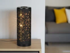 SET ausgefallene Stehlampe & Tischlampe Stoff Schwarz Gold mit Starlight Effekt