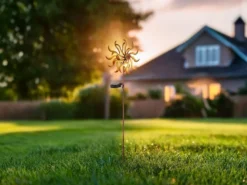 Solar Gartenstecker Windrad mit Erdspieß in Orange-Gelb & Kupfer, Höhe 92cm