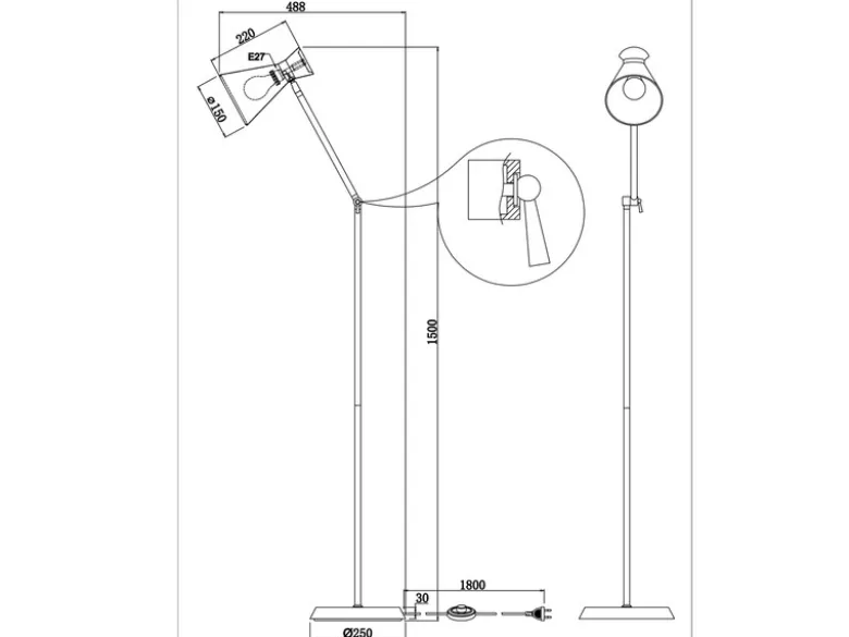 Stehleuchte ENZO mit Gelenk & Fußschalter in Schwarz - Höhe 150cm