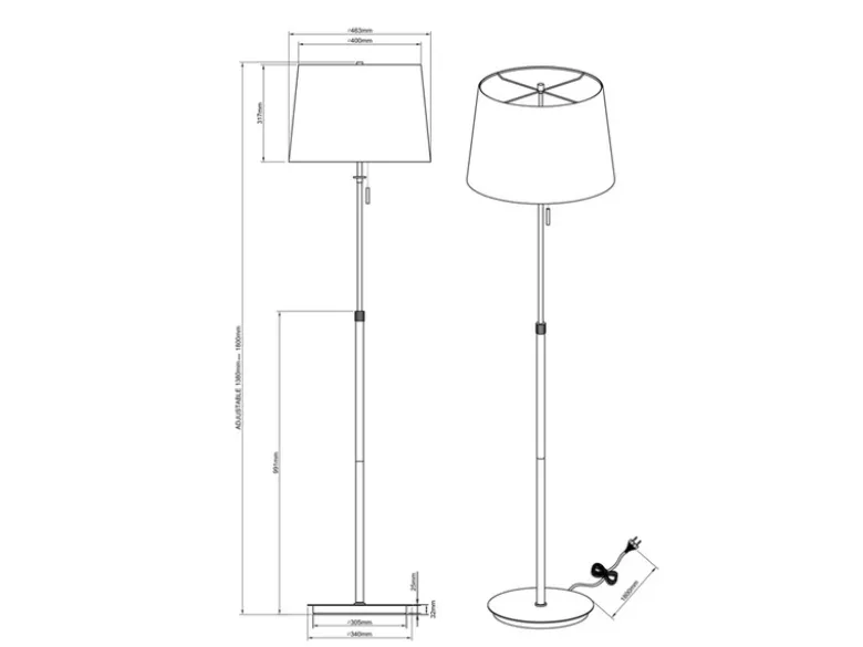 Stehleuchte LYON Silber mit Stoffschirm Weiß, Höhe 138-180cm verstellbar