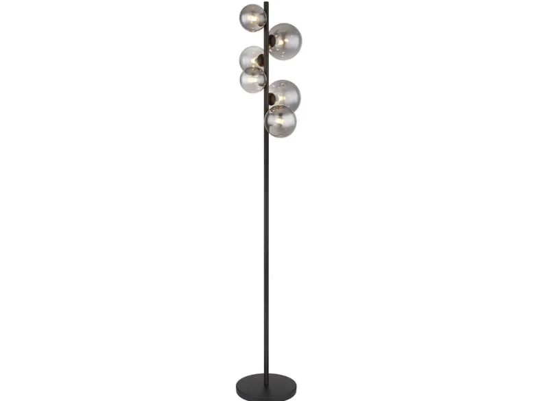 Stehleuchte RIHA Schwarz 6-flammig mit Glaskugeln Rauchglas, Höhe 155cm
