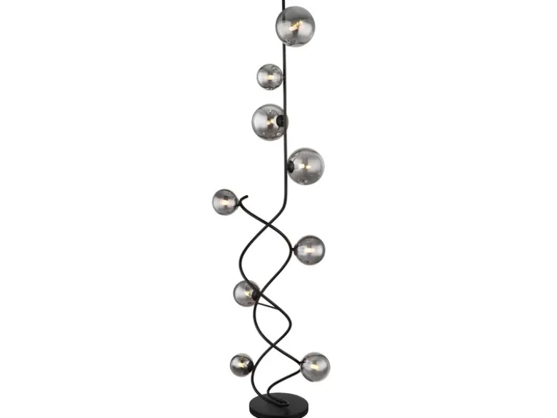Stehleuchte RIHA Schwarz 9-flammig mit Glaskugeln Rauchglas, Höhe 162cm