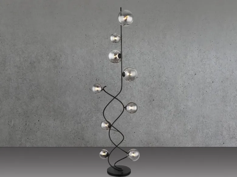 Stehleuchte RIHA Schwarz 9-flammig mit Glaskugeln Rauchglas, Höhe 162cm
