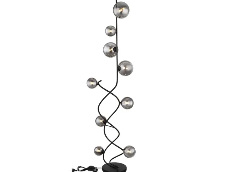 Stehleuchte RIHA Schwarz 9-flammig mit Glaskugeln Rauchglas, Höhe 162cm