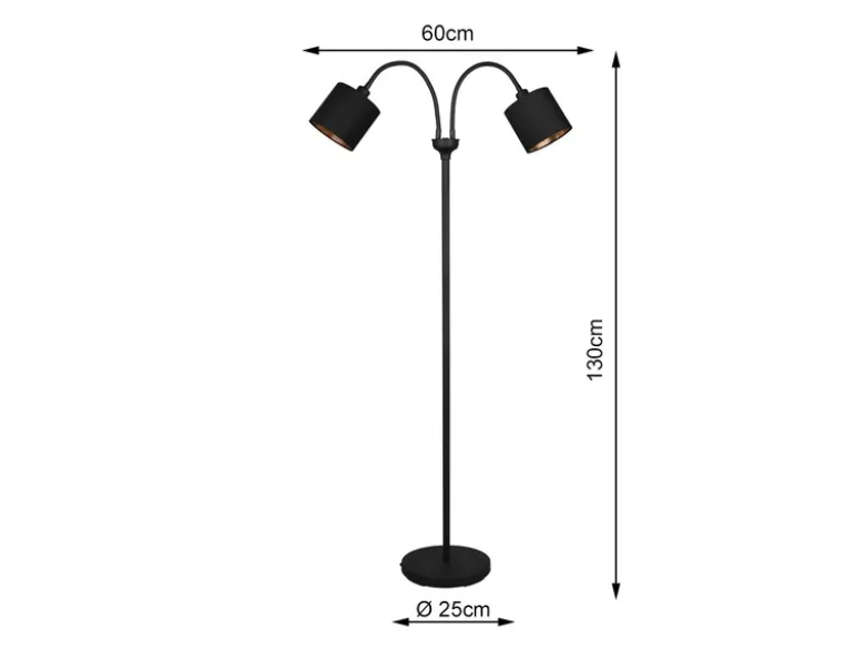 Stehleuchte TOMMY 2 flammig Metall, Stoffschirm Schwarz Gold, Höhe 130cm
