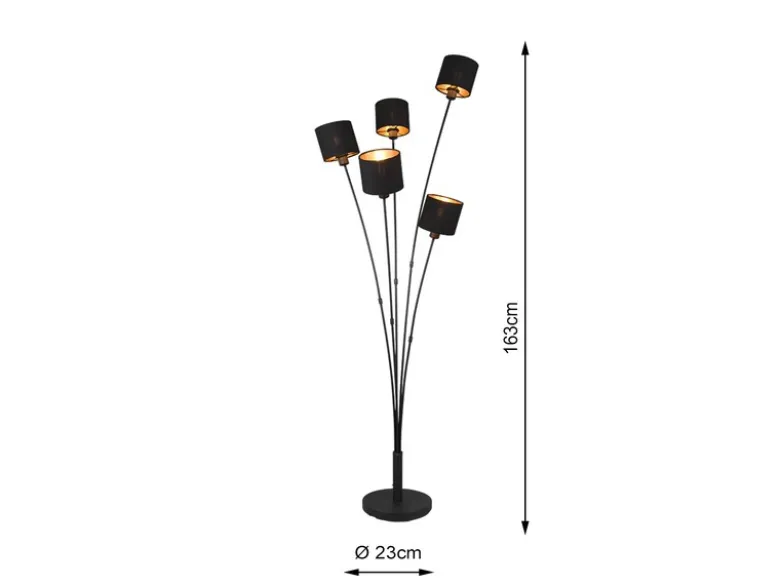 Stehleuchte TOMMY 5 flammig Metall, Stoffschirm Schwarz Gold, Höhe 163cm