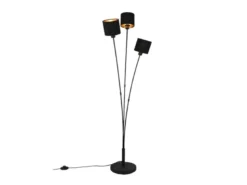 Stehleuchte TOMMY 3 flammig Metall, Stoffschirm Schwarz Gold, Höhe 150cm