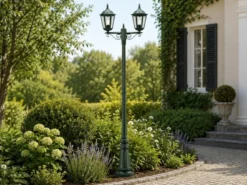 Straßenlaterne 2-flammig Aluminium Grün, antike E27 Mastleuchte, Höhe 220cm